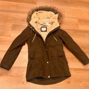 Nautica Olive Green Faux Fur Hooded Snap-Close Jacket